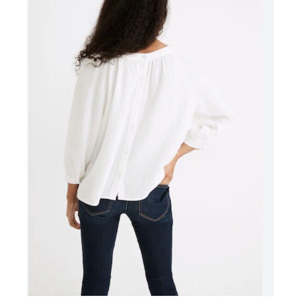 Madewell Lightspun Wide-Neck Cuffed-Sleeve Top White Small Peasant Coastal FF - Picture 2 of 11